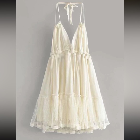 Boho Backless V Halter Swiss Dot Mini Dress - Picture 15 of 15